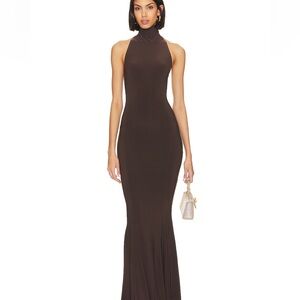 Halter turtle fishtail gown in chocolate